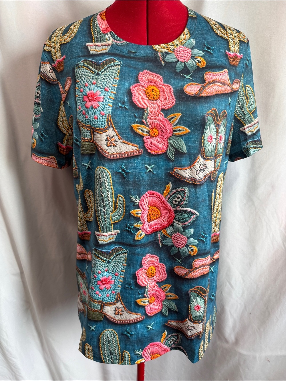 Teal Short Sleeve Tunic with Pink Floral & Cowboy Boot Motif